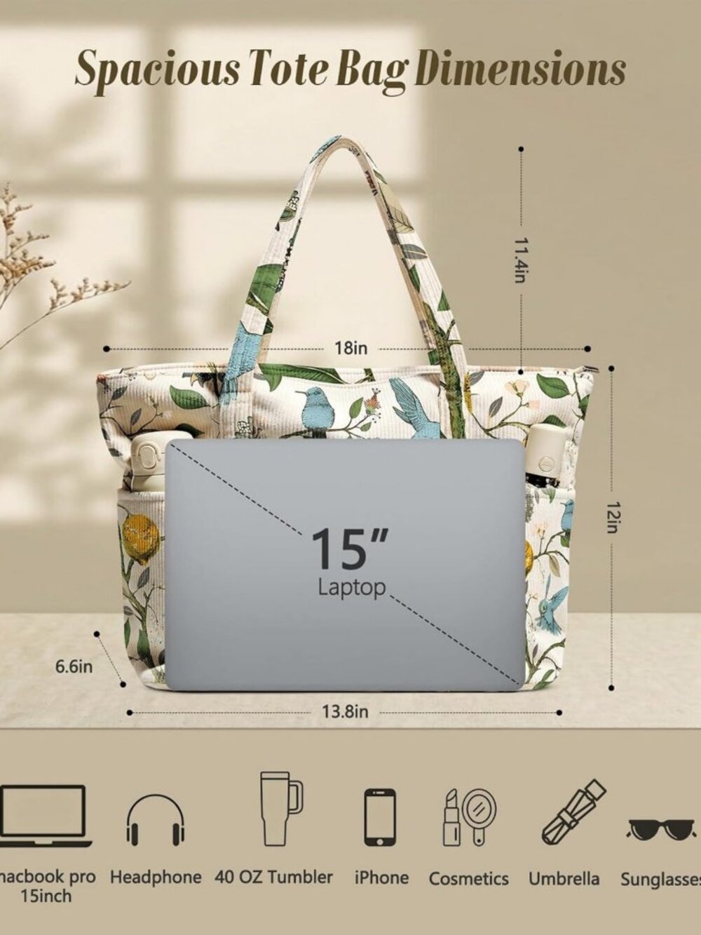 Spacious Corduroy Tote Bag for Women | Stylish, Zipper Closure, Multi Pockets - Picture 4 of 6